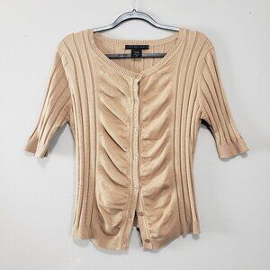 Tan Ruched Stretch Button Down Top Medium